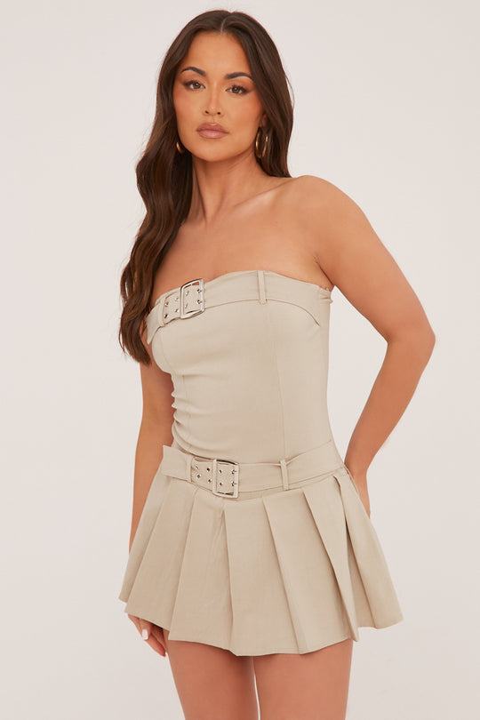 Beige Pleat Detail Self Belt Bandeau Playsuit - Paisly