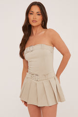 Beige Pleat Detail Self Belt Bandeau Playsuit - Paisly