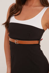 Black Contrast Straps Belt Detail Mini Dress - Nira
