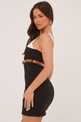 Black Contrast Straps Belt Detail Mini Dress - Nira