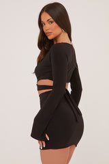 Black Long Sleeve Cropped Top & Twist Detail Mini Skirt Co-ord Set - Lunaa