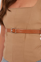 Camel Belt Detail Square Neck Sleeveless Top - Lucee