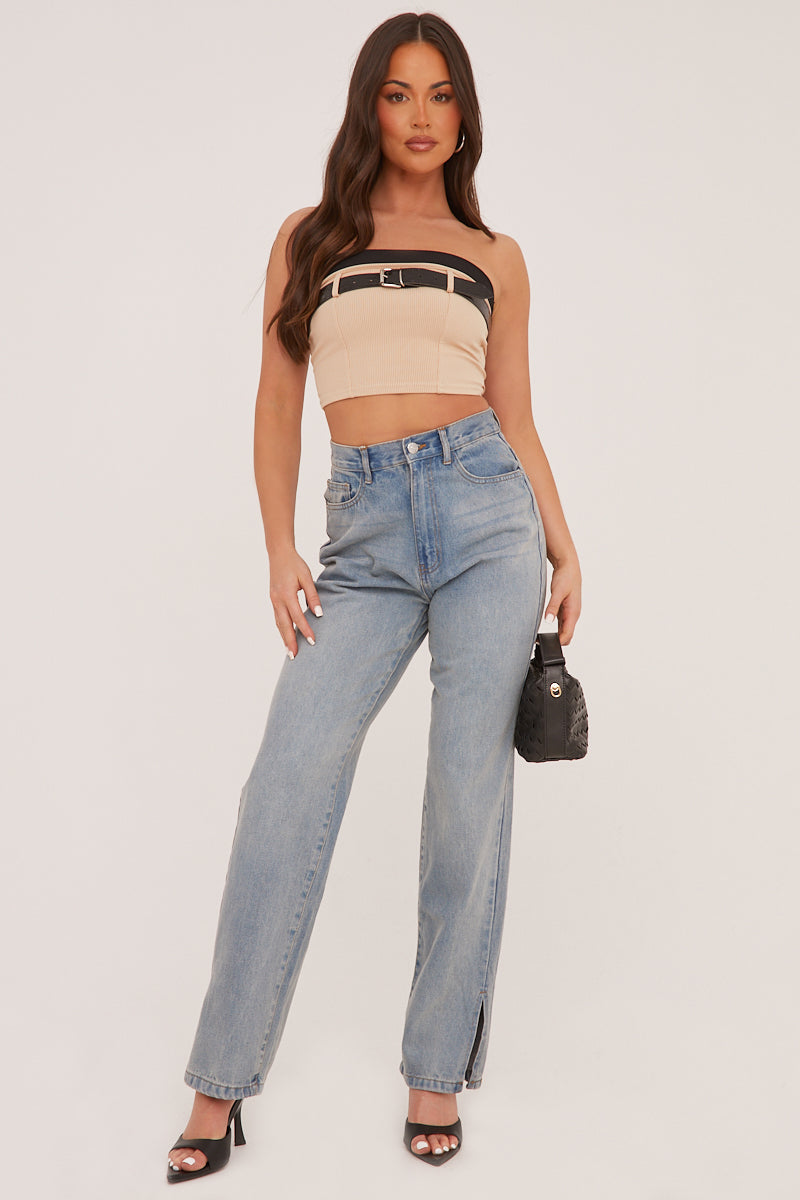Stone Rib Knit Belt Detail Bandeau Cropped Top - Dela