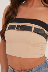 Stone Rib Knit Belt Detail Bandeau Cropped Top - Dela