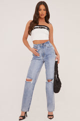White Rib Knit Belt Detail Bandeau Cropped Top - Dela