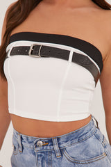 White Rib Knit Belt Detail Bandeau Cropped Top - Dela