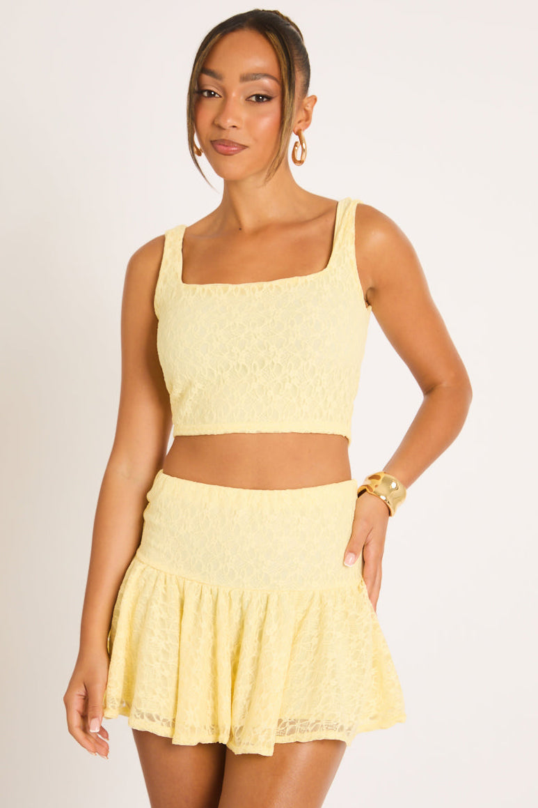 Lemon Lace Top and Frill Mini Skirt Co-ord Set - Lexy
