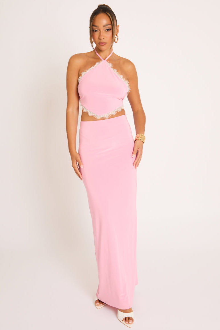 Pink Lace Trim Halter Top and Maxi Skirt Co-ord Set - Allie