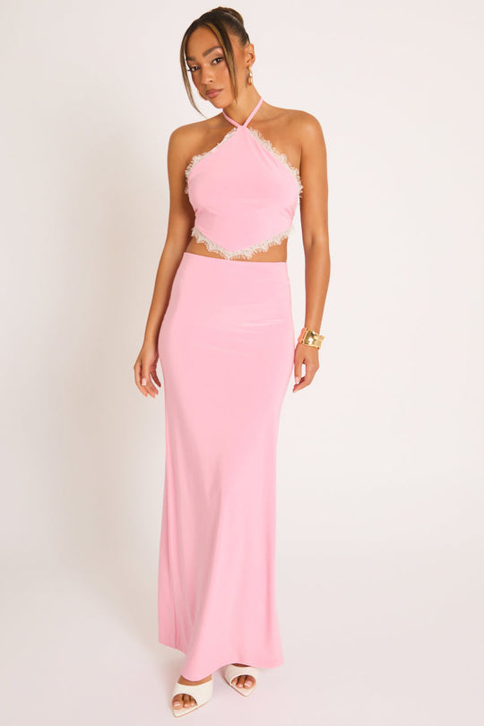 Pink Lace Trim Halter Top and Maxi Skirt Co-ord Set - Allie