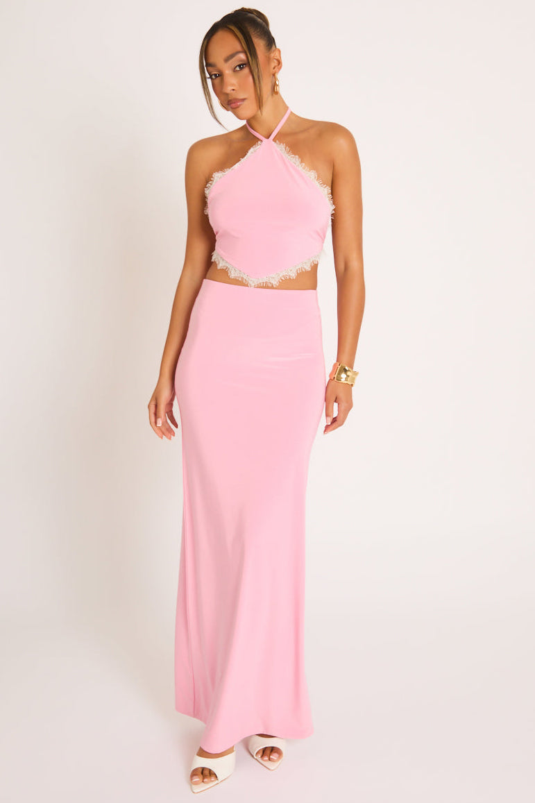 Pink Lace Trim Halter Top and Maxi Skirt Co-ord Set - Allie