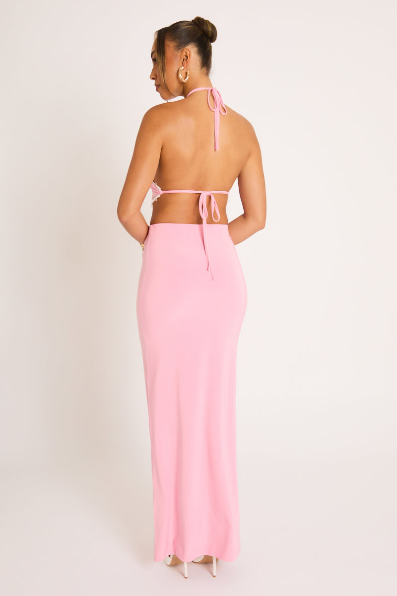 Pink Lace Trim Halter Top and Maxi Skirt Co-ord Set - Allie