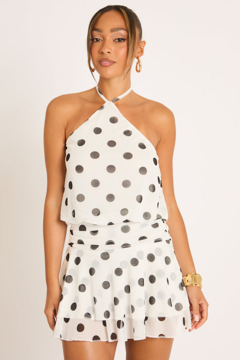 White Polka Dot Print Halter Frill Mini Dress - Bailey
