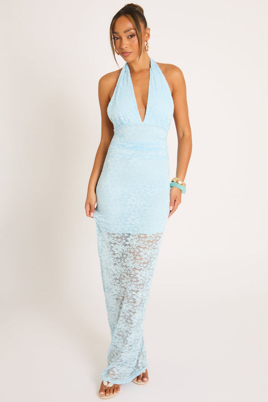 Blue Lace Halter Neck Plunge Tie Back Maxi Dress - Kane