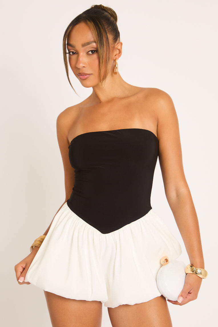 Black Bandeau Contrast Puffball Playsuit - Olivette