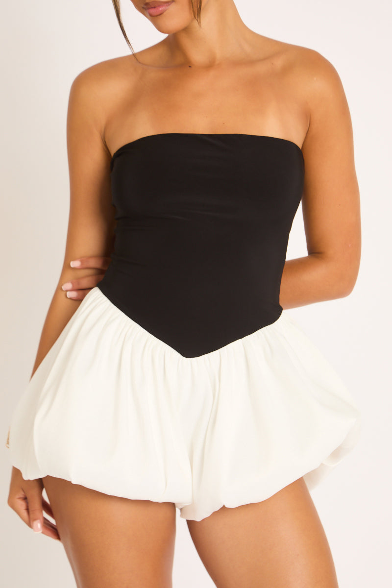 Black Bandeau Contrast Puffball Playsuit - Olivette