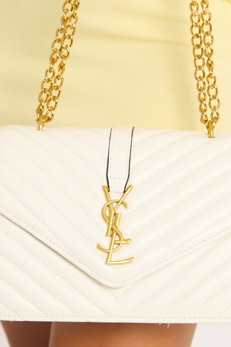 White Logo Detail Faux Leather Quilted Shoulder Bag - Shakira
