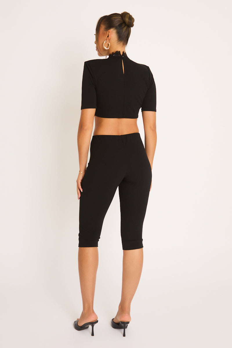 Black Shoulder Pad Lace Trim Crop Top - Lynna