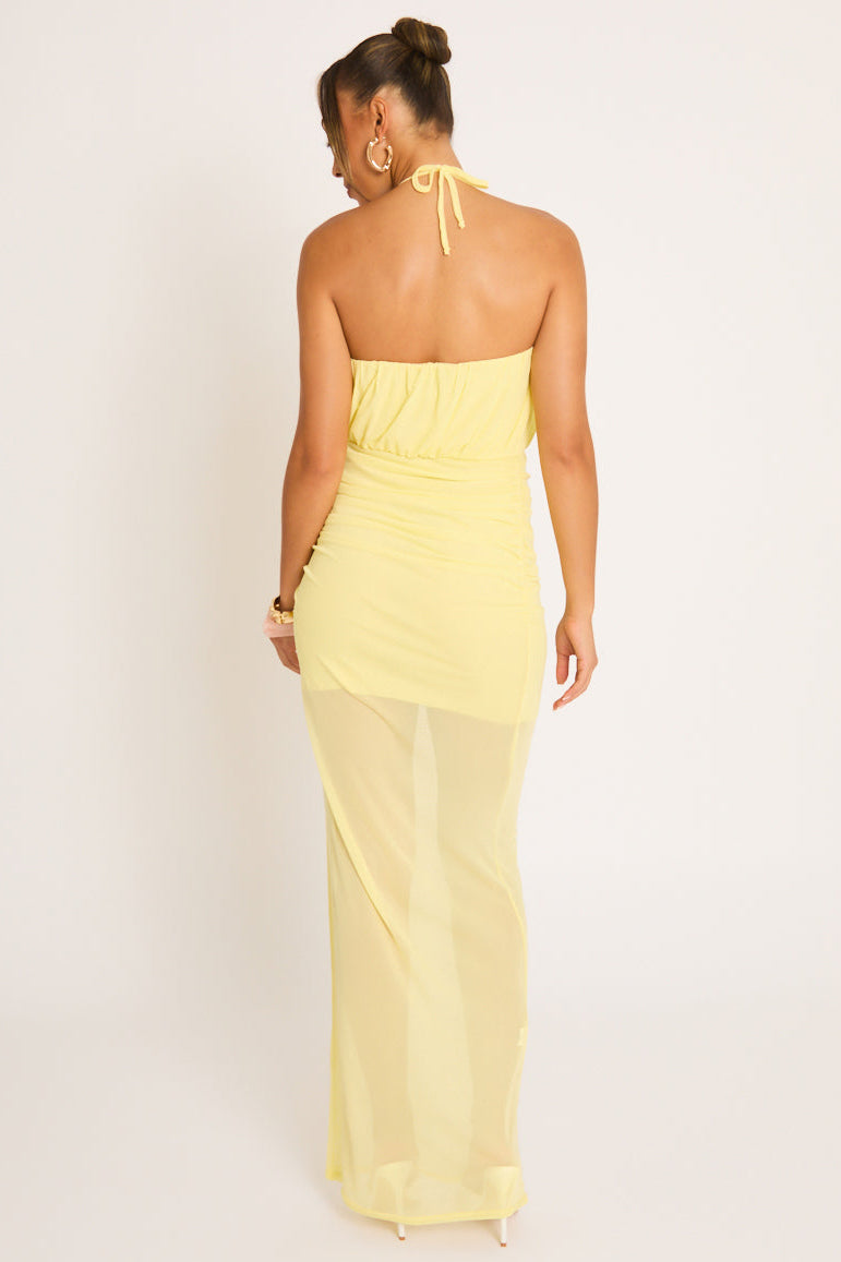 Yellow Mesh Overlay Ruched Halterneck Maxi Dress - Beth