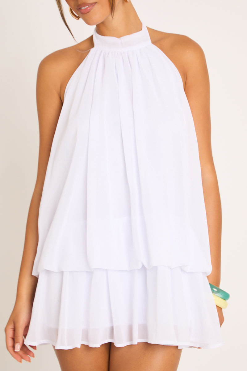 White Halterneck Blouson Mini Dress - Angelika