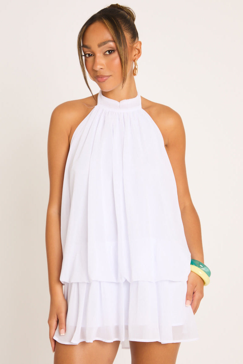 White Halterneck Blouson Mini Dress - Angelika