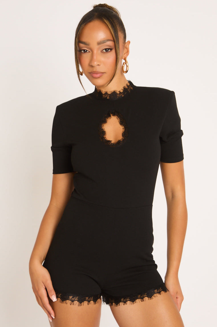 Black Shoulder Pad Lace Trim Playsuit - Janelle