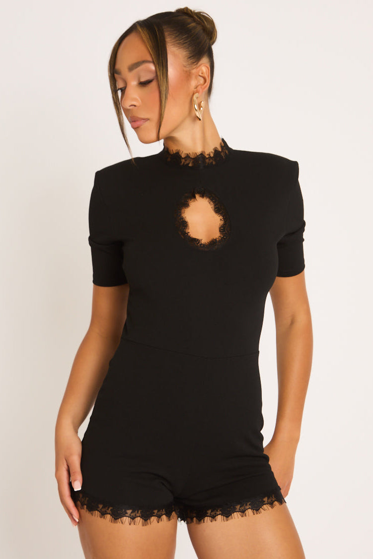 Black Shoulder Pad Lace Trim Playsuit - Janelle