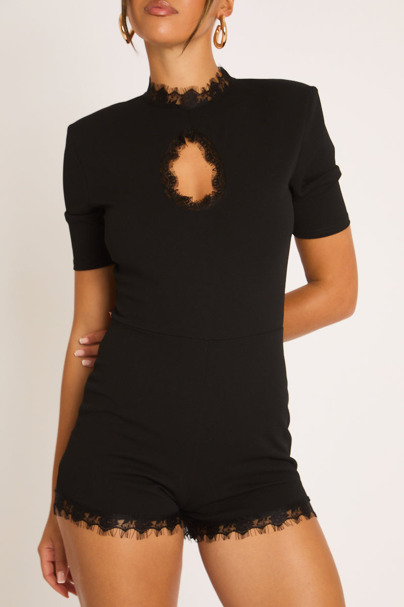 Black Shoulder Pad Lace Trim Playsuit - Janelle