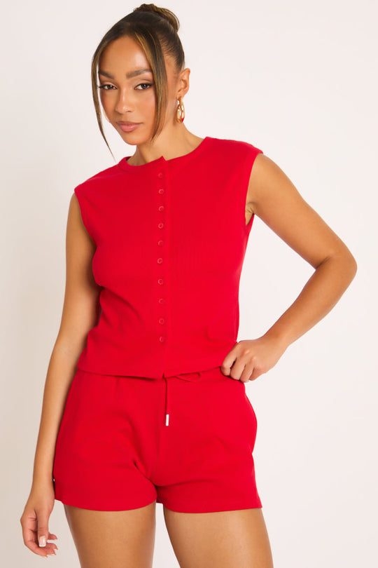Red Sleeveless Button Front Rib Top and Short Loungewear Co-ord Set - Zita