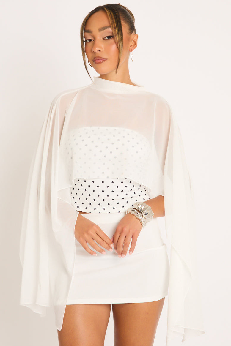 White Polka Dot Mesh Cape 3 Piece Co-ord Set - Evelina