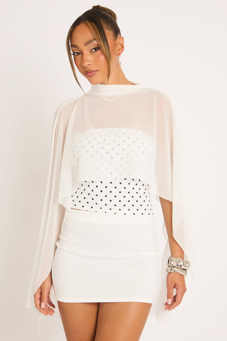 White Polka Dot Mesh Cape 3 Piece Co-ord Set - Evelina