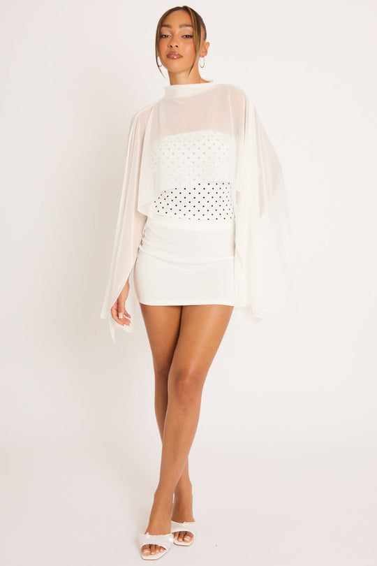White Polka Dot Mesh Cape 3 Piece Co-ord Set - Evelina
