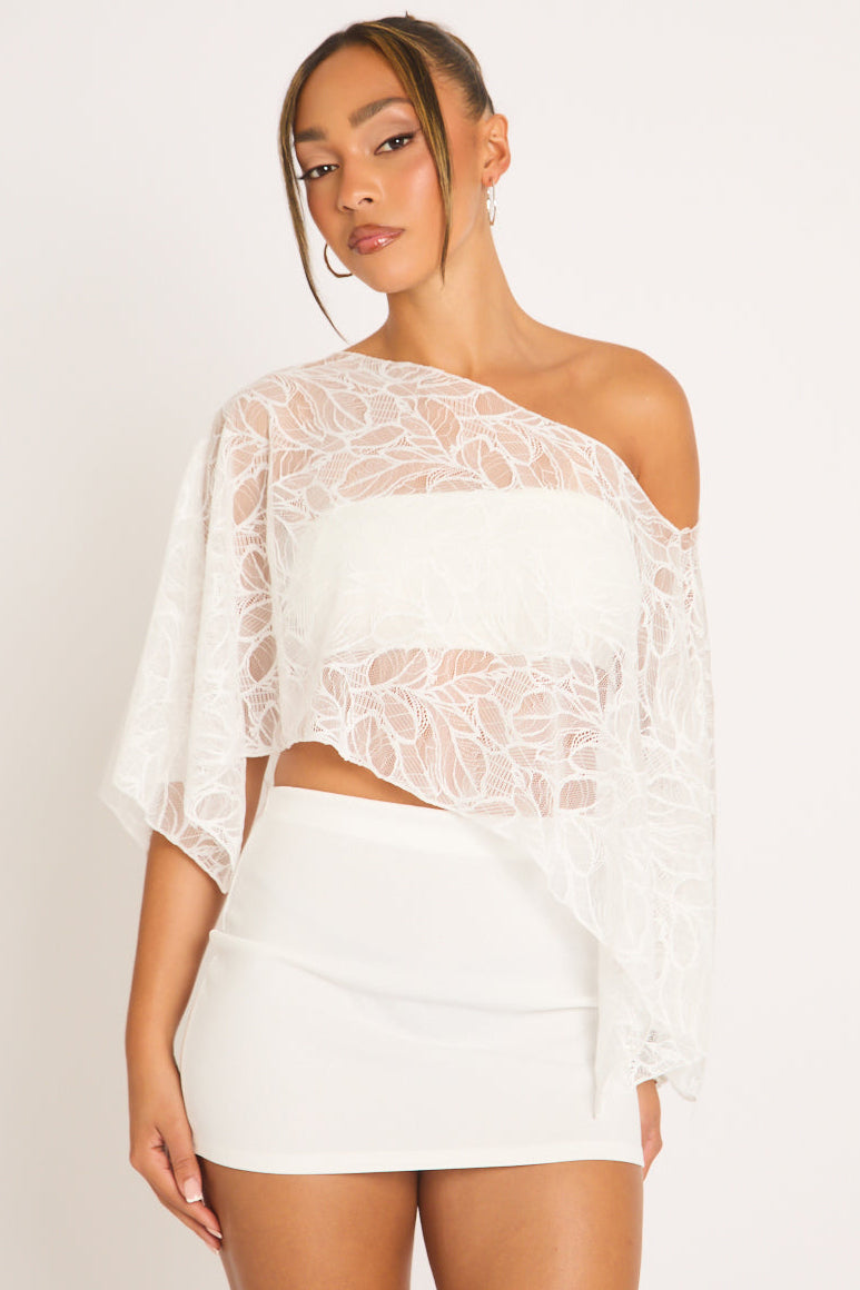 White Lace Slash Neck Cape Top - Ellani