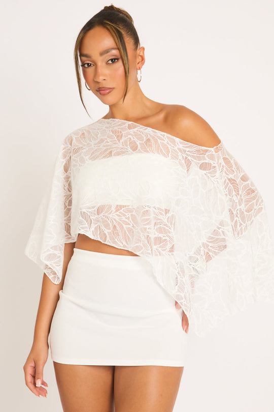 White Lace Slash Neck Cape Top - Ellani