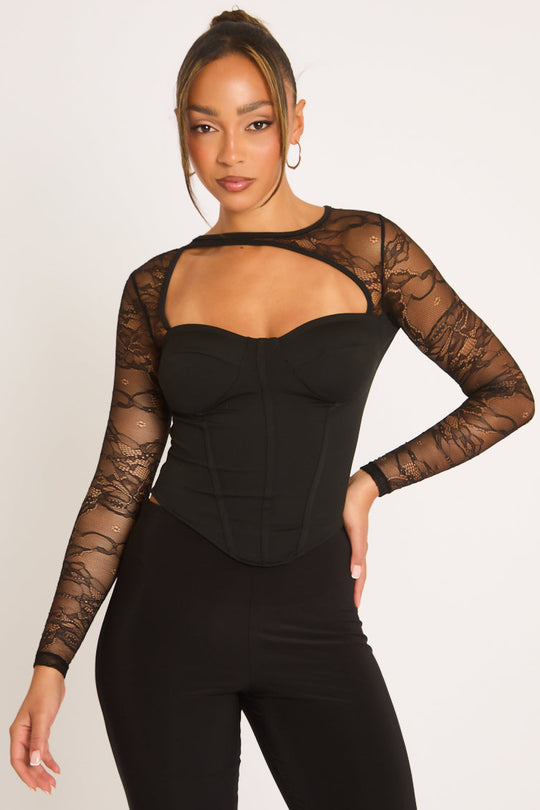 Black Lace Asymmetric Long Sleeve Corset Top - Averly
