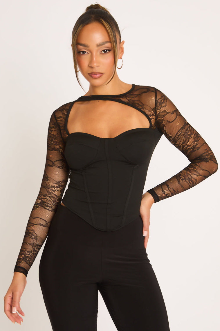 Black Lace Asymmetric Long Sleeve Corset Top - Averly