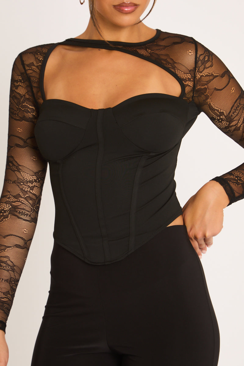 Black Lace Asymmetric Long Sleeve Corset Top - Averly