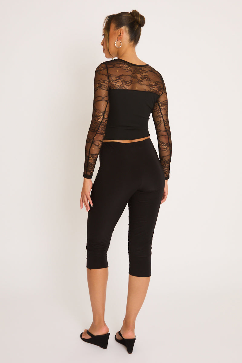 Black Lace Asymmetric Long Sleeve Corset Top - Averly