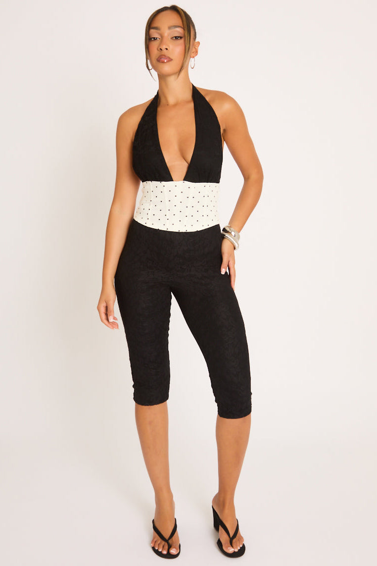 Black Lace Polka Dot Halter Corset Top - Sanya