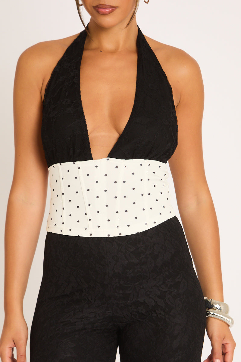 Black Lace Polka Dot Halter Corset Top - Sanya