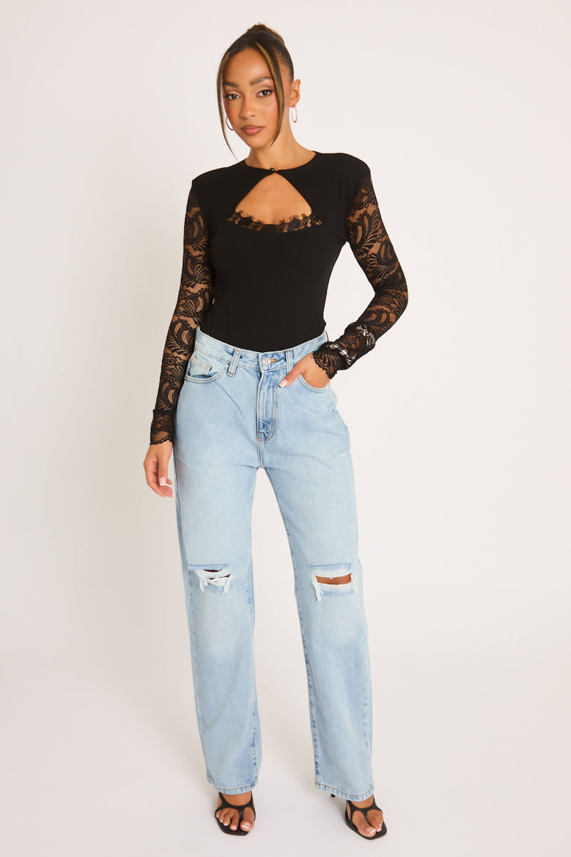 Black Shoulder Pad Lace Long Sleeve Bodysuit - Natalie