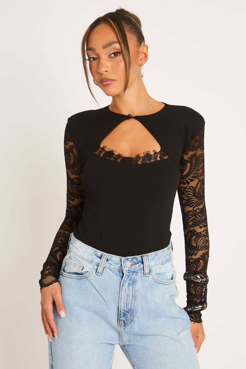 Black Shoulder Pad Lace Long Sleeve Bodysuit - Natalie