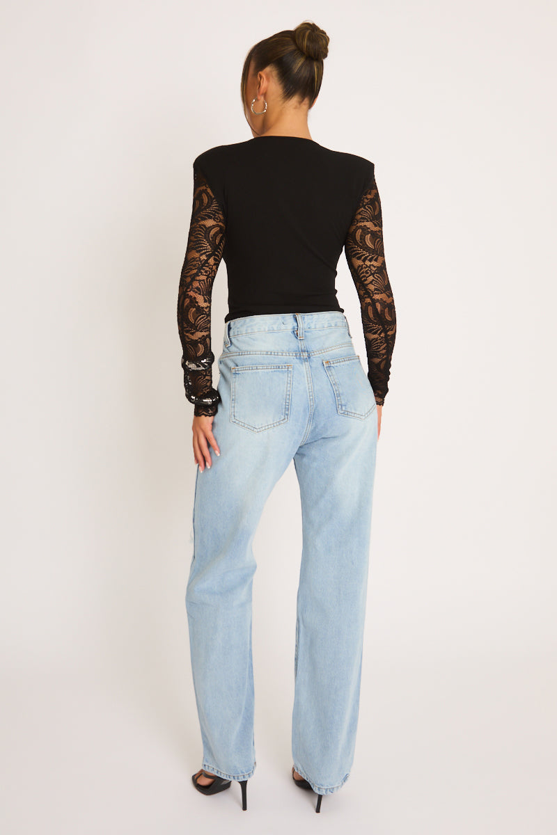 Black Shoulder Pad Lace Long Sleeve Bodysuit - Natalie
