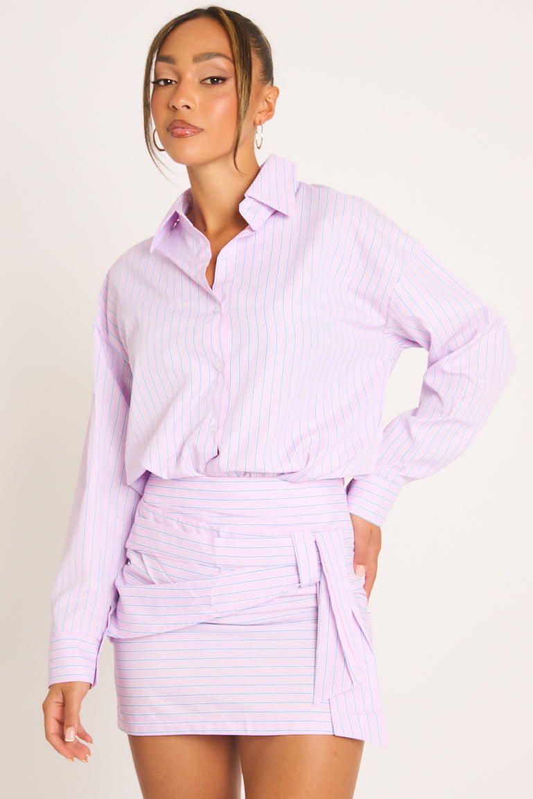 Pink Stripe Shirt and Wrap Mini Skirt Co-ord Set - April