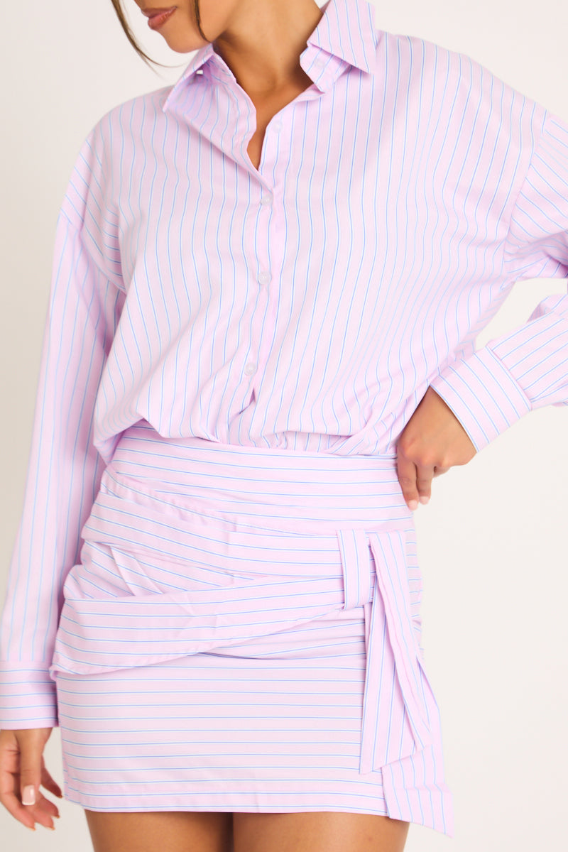 Pink Stripe Shirt and Wrap Mini Skirt Co-ord Set - April