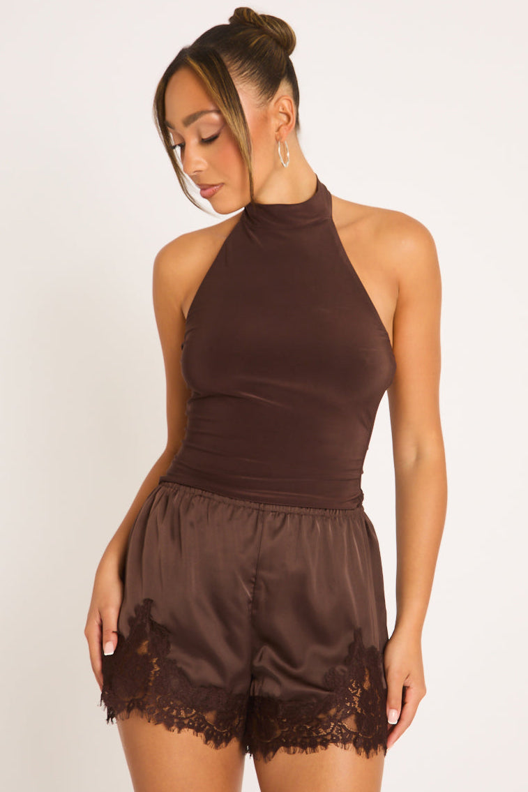Chocolate Satin Lace Trim Shorts - Kyza