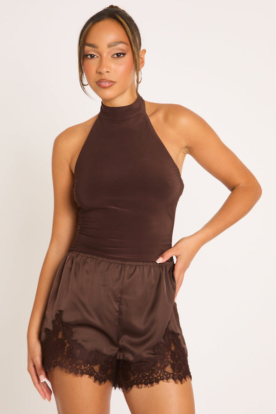 Chocolate Satin Lace Trim Shorts - Kyza
