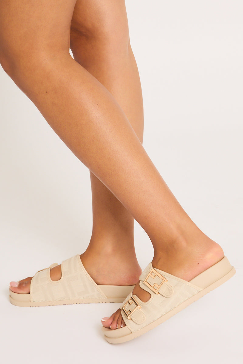 Beige Monogram Buckle Detail Slider Sandals - Christina