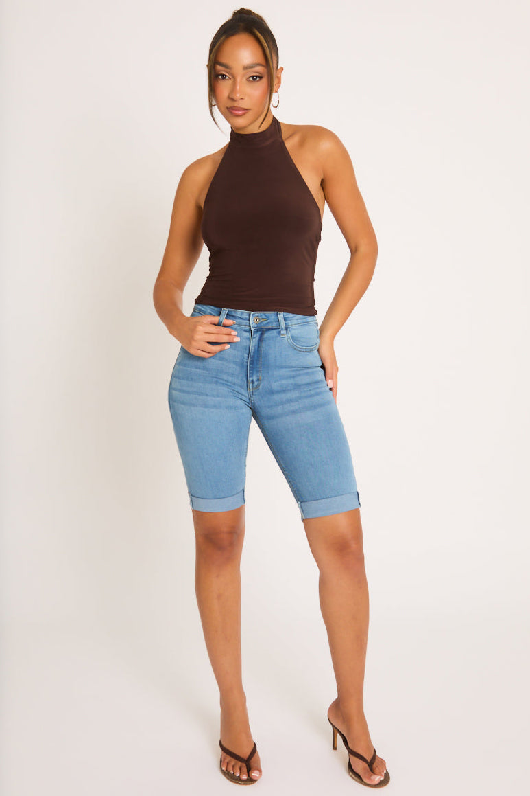 Washed Blue High Waisted Bermuda Denim Shorts - Reena