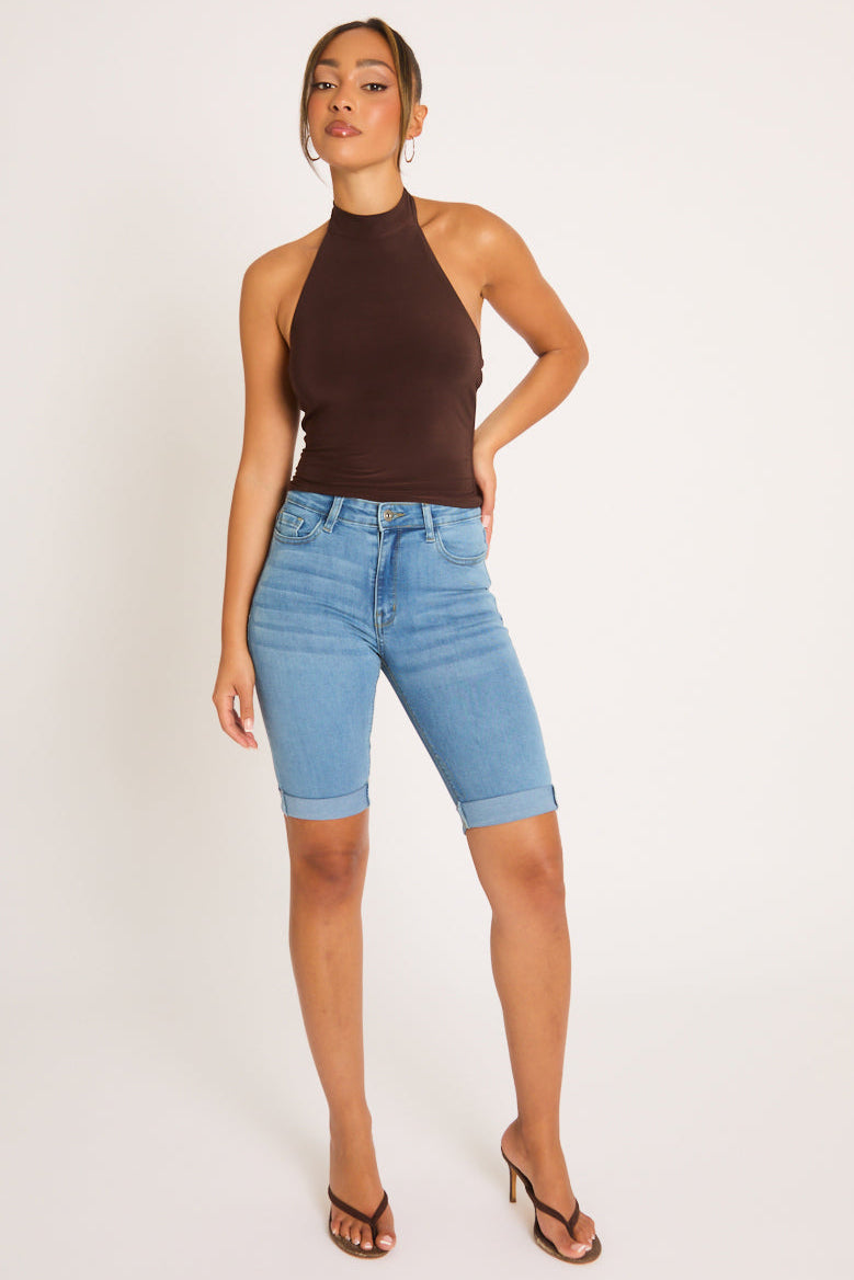 Washed Blue High Waisted Bermuda Denim Shorts - Reena