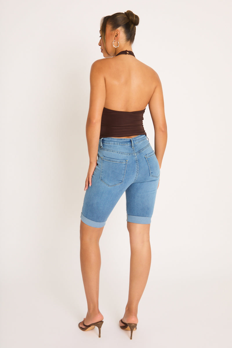 Washed Blue High Waisted Bermuda Denim Shorts - Reena